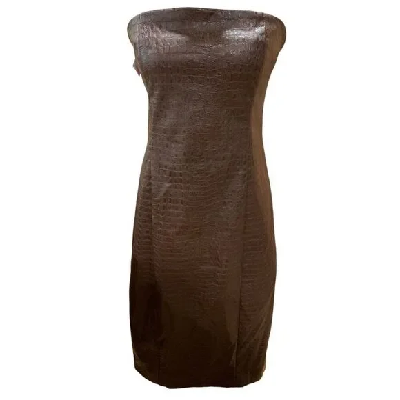 7 For All Mankind Strapless Dress Faux Leather Crocodile Pattern Brown  Medium